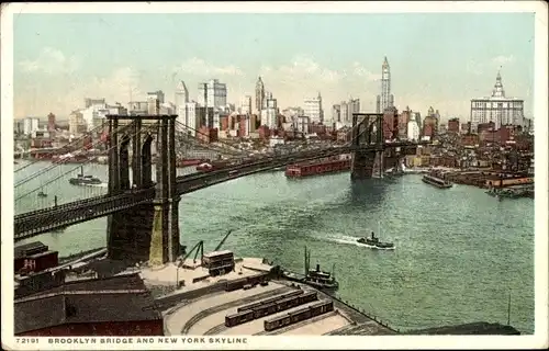 Ak New York City USA, Brooklyn Bridge und New York Skyline