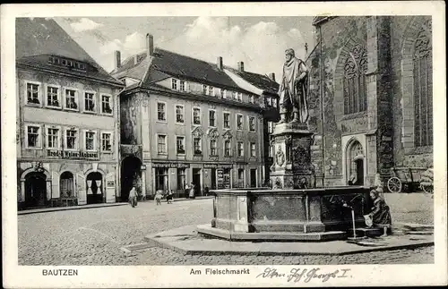 Ak Bautzen in der Oberlausitz, Fleischmarkt, Brunnen, Bäckerei