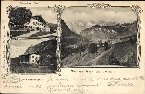 Ak Thal von Unken Salzburg, Blick von Melleck, Villa Fahrmbacher, Gasthof zur Post