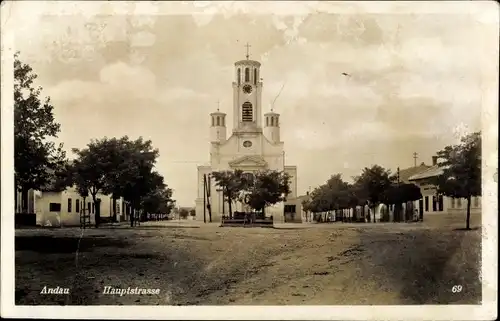 Ak Andau Burgenland, Hauptstraße mit Kirche