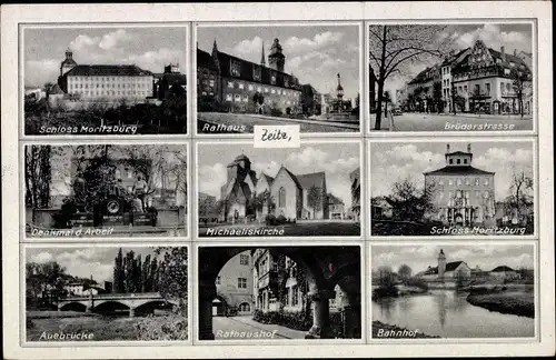 Ak Zeitz, Rathaus, Michaeliskirche, Schloss Moritzburg, Bahnhof, Auebrücke, Denkmal d. Arbeit