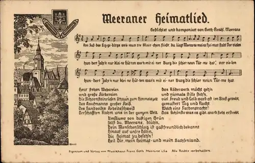 Lied Ak Krahl, G., Meerane in Sachsen, Meeraner Heimatlied, Wappen, Kirche