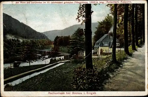 Ak Albernau Zschorlau im Erzgebirge, Rechenhaus, Wehr des Flößgrabens