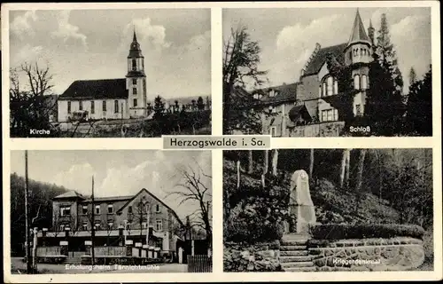 Ak Herzogswalde Wilsdruff in Sachsen, Schloss, Kirche, Erholungsheim Tännichtmühle, Kriegerdenkmal