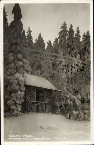 Ak Bärenfels Altenberg im Erzgebirge, Wintersportplatz und Höhenluftkurort, Hütte, Winter