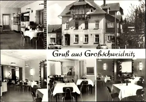 Ak Großschweidnitz in Sachsen, Konsum-Gaststätte Zum Höllengrund, Außenansicht, Speisesaal