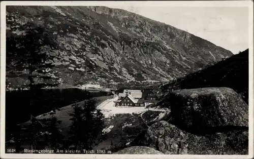 Ak Karpacz Krummhübel Riesengebirge Schlesien, Mały Staw, Kleiner Teich, Baude, Panorama