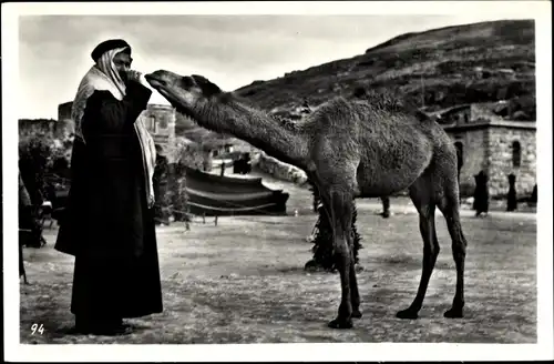 Ak Jerusalem Israel, Mann füttert ein Kamel