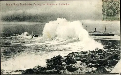 Ak Colombo Ceylon Sri Lanka, South West Breakwater während des Monsuns