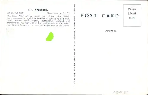 Ak Dampfschiff SS America, USL