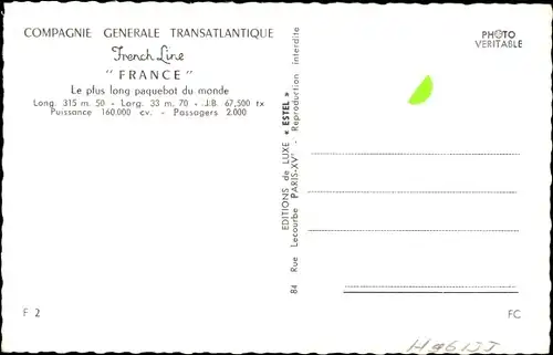 Ak Paquebot France, Compagnie Generale Transatlantique CGT, French Line