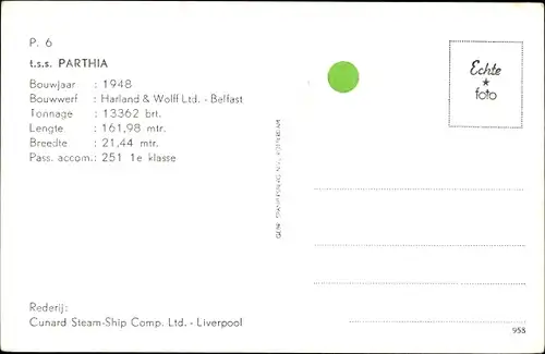 Ak TSS Parthia, Frachtschiff, Cunard Steamship Comp.