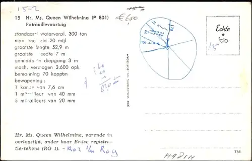 Ak Niederländisches Kriegsschiff, R 01, Queen Wilhelmina, P 801, Patrouillenfahrzeug