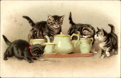Litho Vier kleine Katzen mit Teeservice