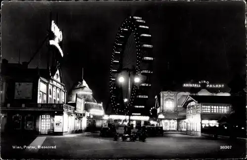 Ak Wien 2. Leopoldstadt, Prater Riesenrad bei Nacht, Kino