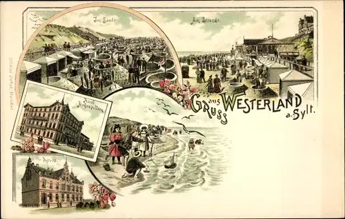 Litho Westerland Sylt, Hotel Hohenzollern, Postamt, Im Sande, Am Strand