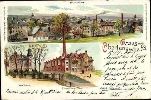 Litho Oberlungwitz in Sachsen, Villa Kunath, Elektrizitätswerk, Panorama