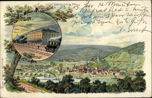 Litho Gemünden am Main Unterfranken, Bahnhof, Panorama