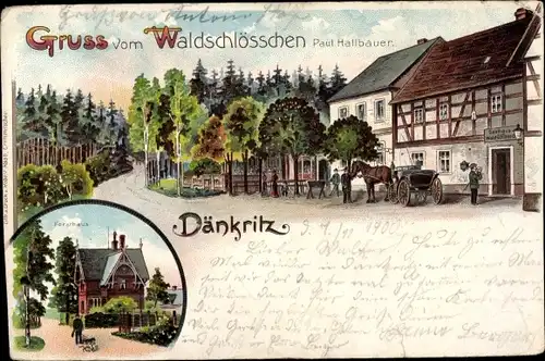 Litho Dänkritz Neukirchen in Sachsen, Gasthaus Waldschlösschen, Inh. P. Hallbauer, Forsthaus