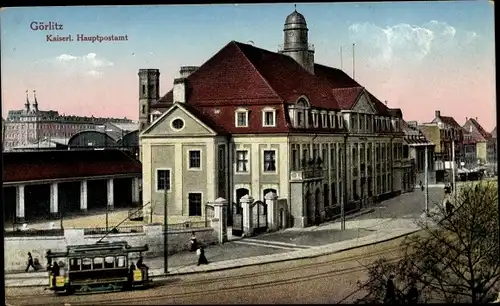 Ak Görlitz in der Lausitz, Kaiserliches Hauptpostamt am Bahnhof, Straßenbahn