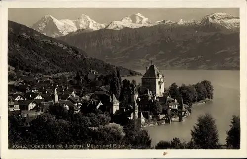 Ak Oberhofen am Thunersee Kanton Bern, Panorama mit Jungfrau, Mönch und Eiger