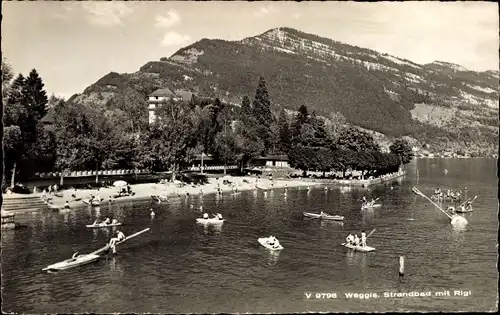 Ak Weggis Kanton Luzern, Strandbad mit Rigi