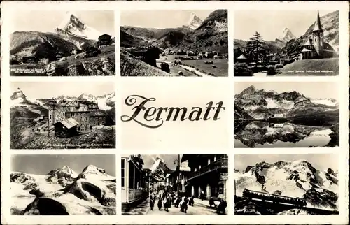 Ak Zermatt Kanton Wallis, Matterhorn, Hotel, Bahn, Panorama