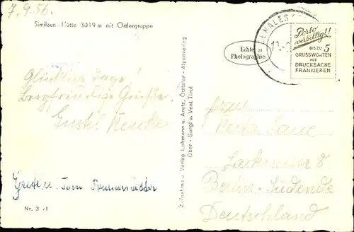 Ak Südtirol, Similaun-Hütte mit Ortlergruppe