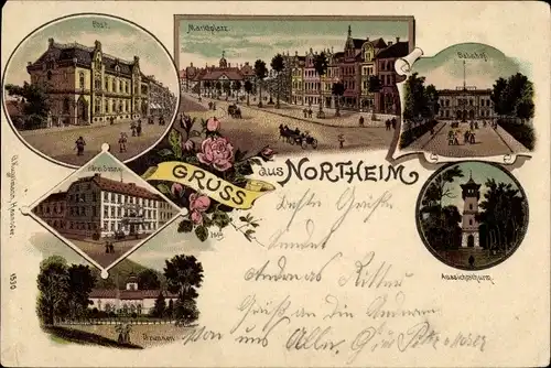 Mondschein Litho Northeim in Niedersachsen, Post, Marktplatz, Bahnhof, Aussichtsturm, Hotel Sonne