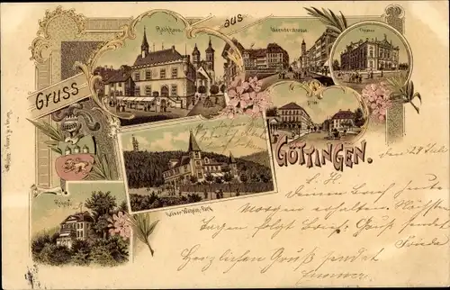 Litho Göttingen in Niedersachsen, Rathaus, Weender Straße, Theater, Kaiser Wilhelm Park