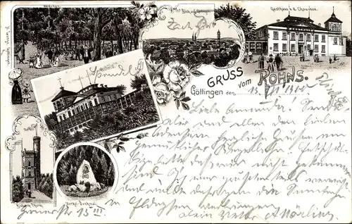 Litho Göttingen, Gruß vom Rohns, Gasthaus von der Chaussee, Merkel Denkmal, Bismarckturm