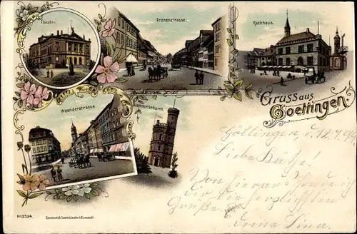 Litho Göttingen in Niedersachsen, Theater, Gronerstraße, Rathaus, Weenderstraße, Bismarckturm