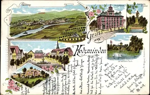 Litho Holzminden an der Weser, Postgebäude, Marktplatz, mittlerer Teich, Haarmanns-Denkmal