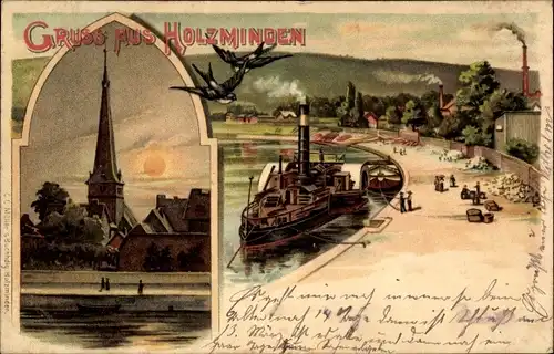 Litho Holzminden im Weserbergland, Salondampfer am Ufer, Kirche, Schwalben
