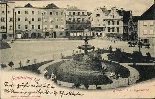 Ak Schärding in Oberösterreich, Stadtplatz, Brunnen, Geschäftshäuser