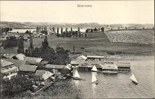 Ak Mattsee in Salzburg, Hörmanns Bootshütte, Bootshaus, Segelboote