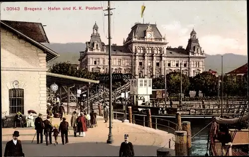 Ak Bregenz am Bodensee Vorarlberg, Hafen, K. k. Postamt
