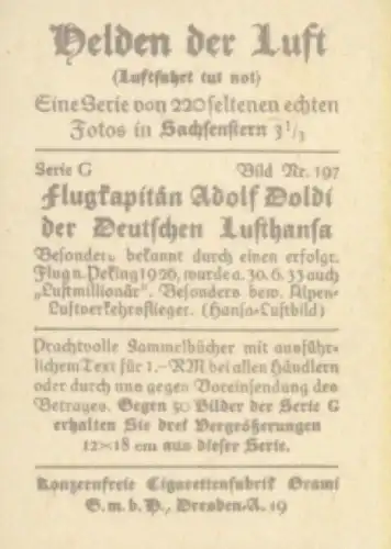 Sammelbild Helden der Luft, Serie G Bild 197, Flugkapitän der dt. Lufthansa Adolf Doldi