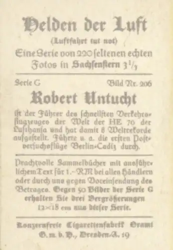 Sammelbild Helden der Luft, Serie G Bild 206, Flugkapitän der Lufthansa Robert Untucht, He 70