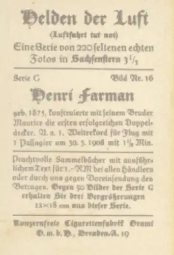 Sammelbild Helden der Luft, Serie G Bild 16, Henri Farman, Erfinder u. Konstrukteur d. Doppeldeckers