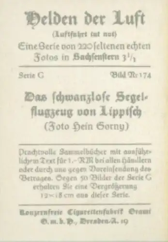 Sammelbild Helden der Luft, Serie G Bild 174, Das schwanzlose Segelflugzeug von Lippisch