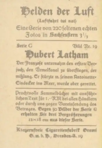 Sammelbild Helden der Luft, Serie G Bild 19, Hubert Latham mit seinem Antoinette-Eindecker