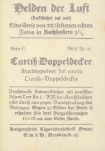 Sammelbild Helden der Luft, Serie G Bild 27, Curtiss-Doppeldecker bei Startmanöver