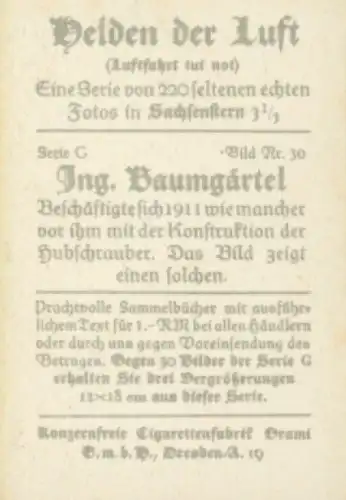 Sammelbild Helden der Luft, Serie G Bild 30, Ingenieur Baumgärtel, Hubschrauber-Konstrukteur 1911