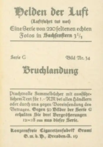 Sammelbild Helden der Luft, Serie G Bild 34, Bruchlandung eines Doppeldeckers