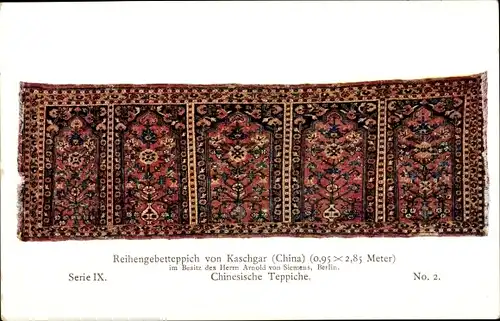 Ak Meisterstücke orientalischer Knüpfkunst IX 2, Chinesische Teppiche, Reihengebetteppich Kaschgar