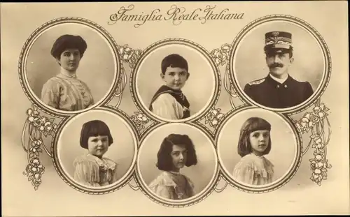 Ak Famiglia Reale Italiana, Vittorio Emanuele III, Elena, Jolanda, Mafalda, Umberto, Giovanna, 1913