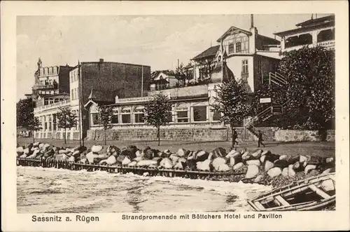 Ak Sassnitz auf Rügen, Strandpromenade, Böttchers Hotel, Pavillon