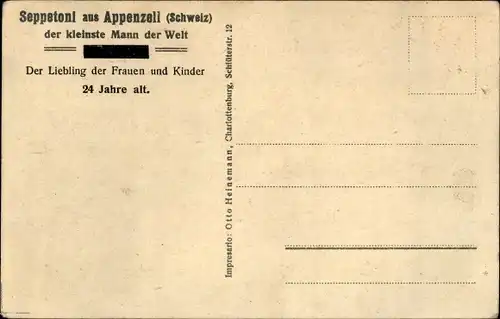 Ak Appenzell Kt. Appenzell Innerrhoden Schweiz, Seppetoni, der kleinste Mann der Welt