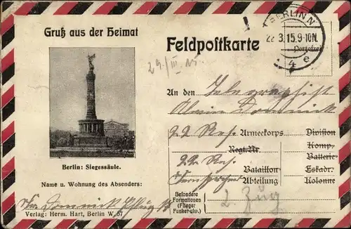 Ak Berlin Tiergarten, Siegessäule, Gruß aus der Heimat, Feldpostkarte 1. WK
